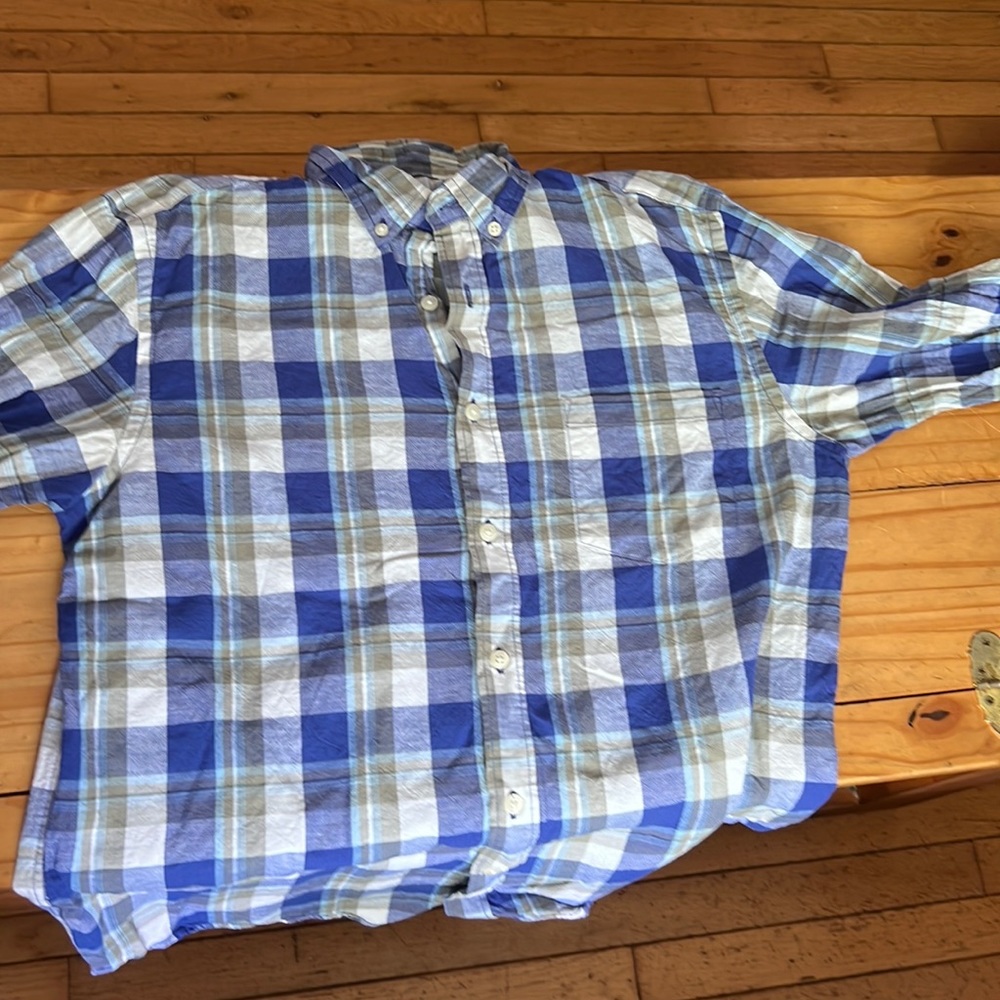 Green and blue plaid button up shirt